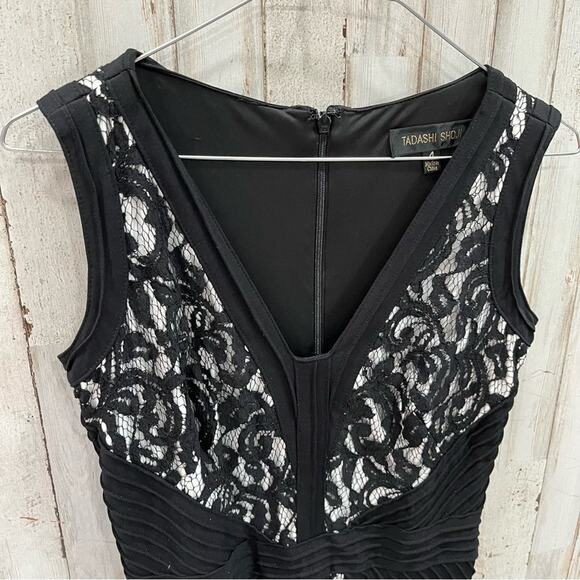 Tadashi Shoji Lace V-Neck Gown with Pintuck Jersey Piping black lace white 4 - Picture 4 of 10